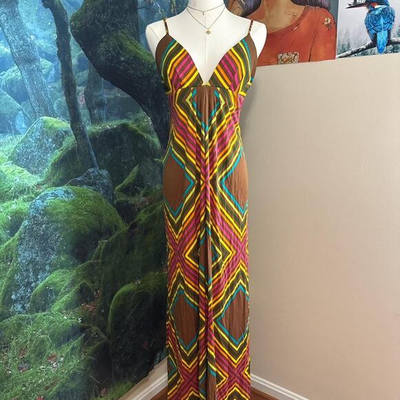 silk maxi dress geometric print summer festival boho - Picture 2 of 8